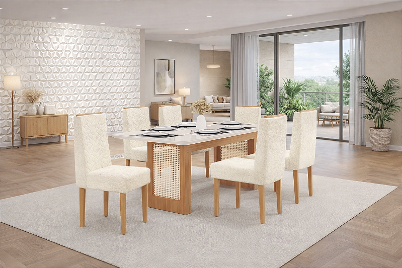 Sala De Jantar Natali 1.60 + 06 Cadeiras Olimpia Pes De Madeira Freijo/Off White/Boucle