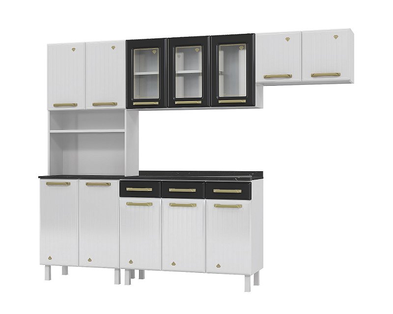 Cozinha Compacta 44 Diamante New 03 Portas De Vidro Com Kit P/microondas - Preto
