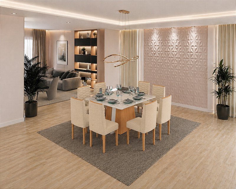 Sala De Jantar Gabi New 1.30 + 08 Cadeiras Coral Pés De Madeira Freijo/Off White/Off White/Helmi