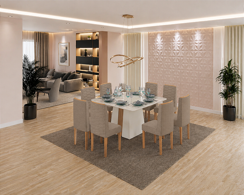 Sala De Jantar Gabi New 1.30 + 08 Cadeiras Coral Pés De Madeira Off White Freijo/Off White/Stanley