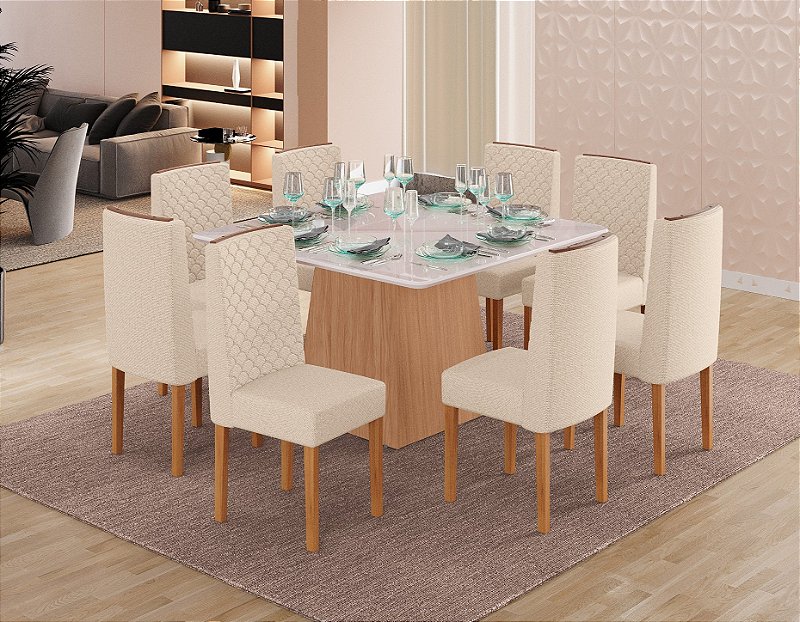 SALA DE JANTAR GABI NEW 1.30 + 08 CADEIRAS ARIEL PÉS DE MADEIRA FREIJO / OFF WHITE / OFF WHITE / HELMI