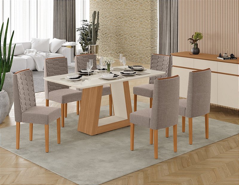 SALA DE JANTAR HELOIZE 1.60 + 06 CADEIRAS CORAL PES DE MADEIRA FREIJO / OFF WHITE / OFF WHITE / STANLEY