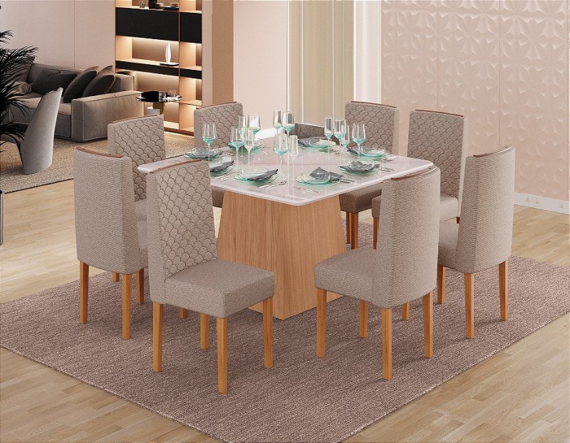 SALA DE JANTAR GABI NEW 1.30 + 08 CADEIRAS ARIEL PÉS DE MADEIRA FREIJO / OFF WHITE / OFF WHITE / STANLEY