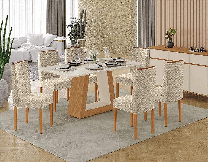 SALA DE JANTAR HELOIZE 1.60 + 06 CADEIRAS CORAL PES DE MADEIRA FREIJO / OFF WHITE / OFF WHITE / HELMI