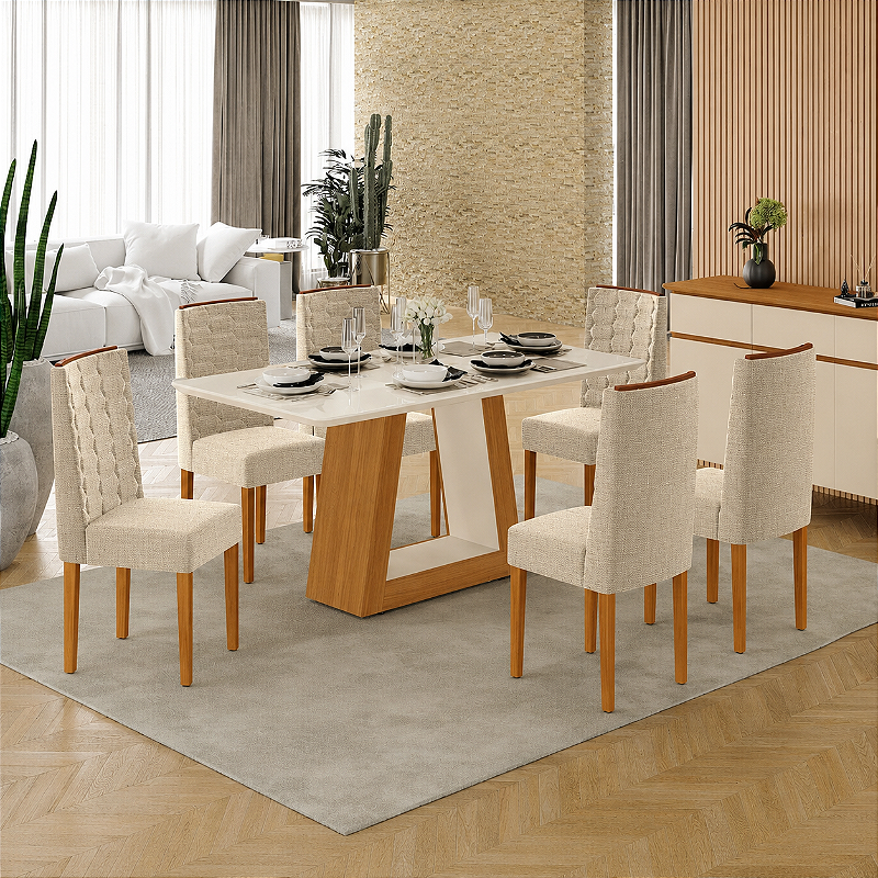 Sala de Jantar Heloize 1,60 + 06 Cadeiras Coral Pés de Madeira - Freijó / Off White / Off White / Helmi