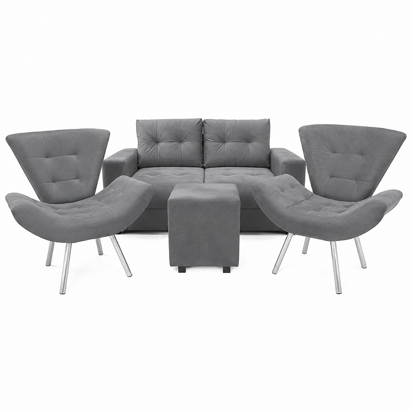 Conjunto Estofado Vitória com 02 Poltronas + Puff - Cinza