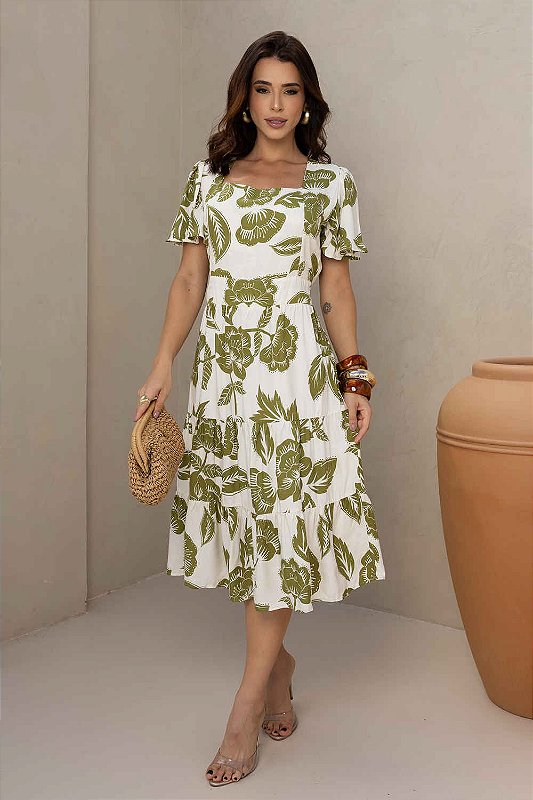 Vestido Oliva Midi Três Marias em Viscolinho