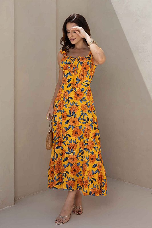 Vestido Versalhes Midi com Alças e Decote Franzido