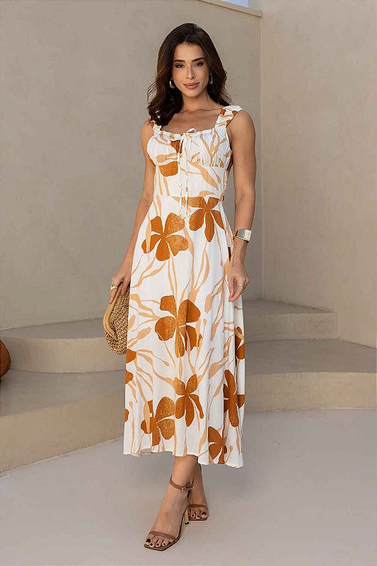 Vestido Valência Midi com Alças e Decote Franzido