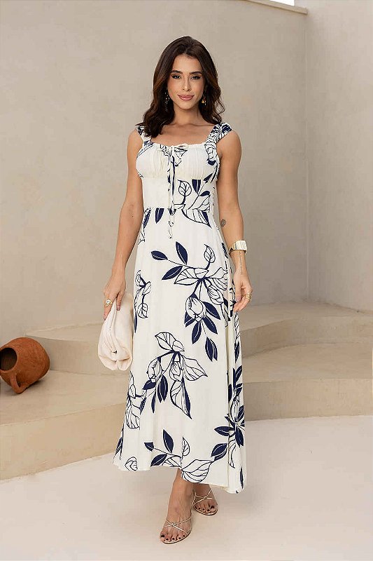 Vestido Ciano Midi com Alças e Decote Franzido