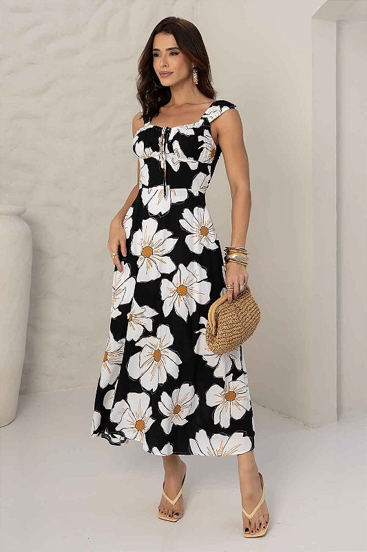 Vestido Margarida Midi com Alças e Decote Franzido