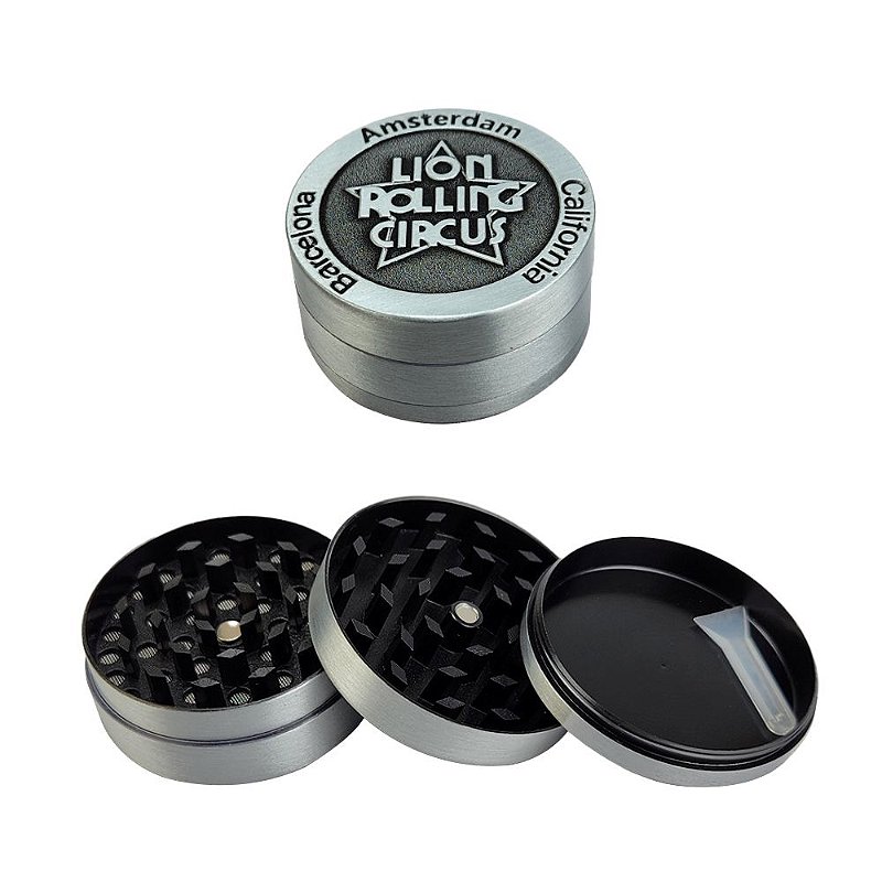 Dichavador De Metal Lion Rolling Circus Médio 3 Partes - Prata