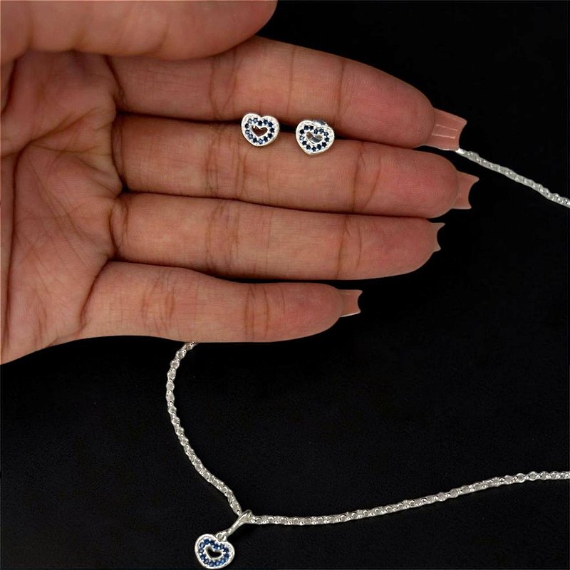 CONJUNTO COLAR E BRINCO AZUL FEMININO EM PRATA 925