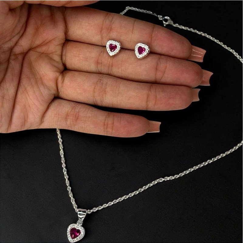 CONJUNTO COLAR E BRINCO CORAÇÃO CRAVEJADO FEMININO EM PRATA 925