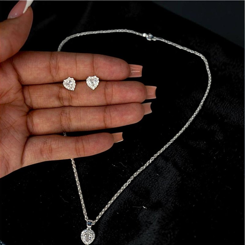 CONJUNTO COLAR E BRINCO CORAÇÃO BRILHANTE FEMININO EM PRATA 925
