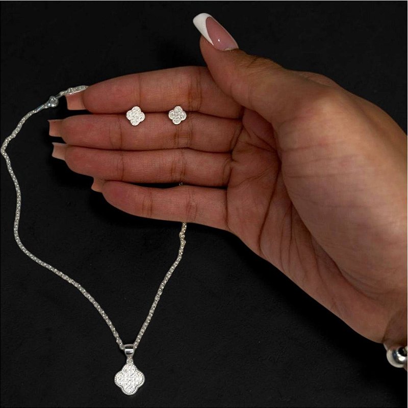 CONJUNTO COLAR E BRINCO TREVO FEMININO EM PRATA 925