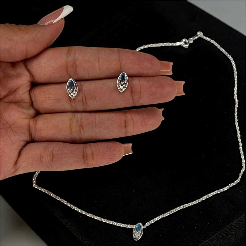 CONJUNTO COLAR E BRINCO ELEGANCIA FEMININO EM PRATA 925