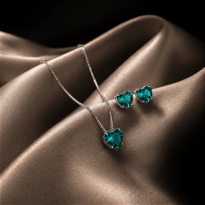 CONJUNTO DE CORAÇÃO FEMININO 5MM EM PRATA 925