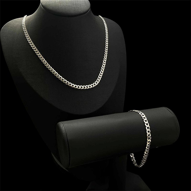 CONJUNTO MASCULINO CORRENTE 60CM E PULSEIRA GRUMET 5,5MM EM PRATA 925