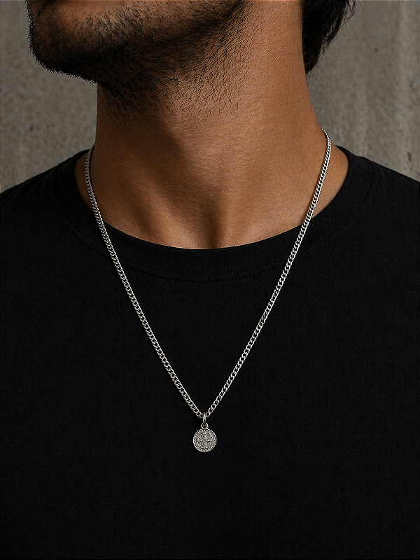 CORRENTE 1,8MM ELOS GRUMET 60 CM COM PINGENTE DE SÃO BENTO EM PRATA 925