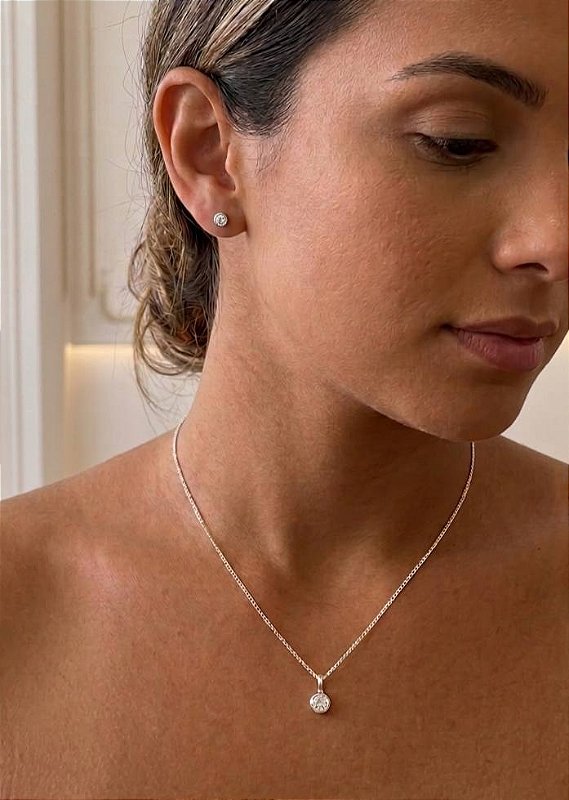CONJUNTO COLAR E BRINCO PONTO DE LUZ TRADICIONAL FEMININO EM PRATA 925