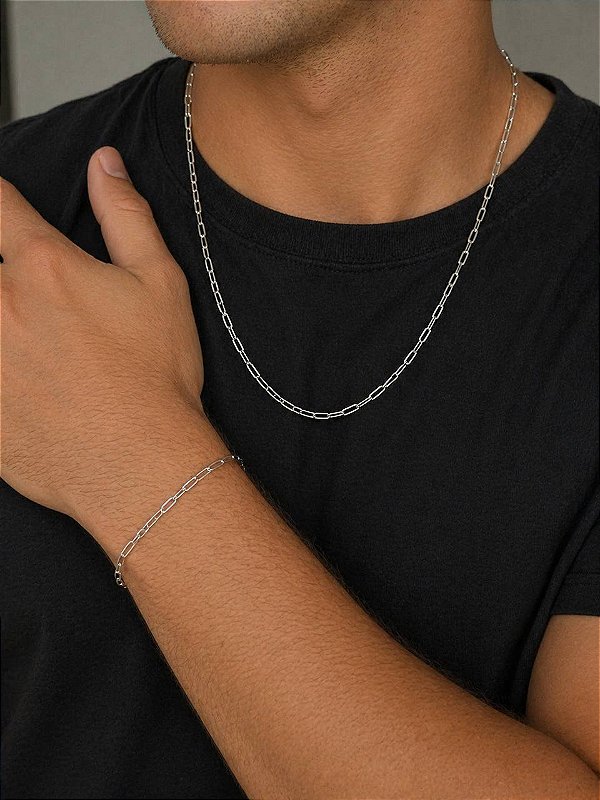 CONJUNTO CORRENTE E PULSEIRA 2MM ELO CADEADO ALONGADO 70CM EM PRATA 925