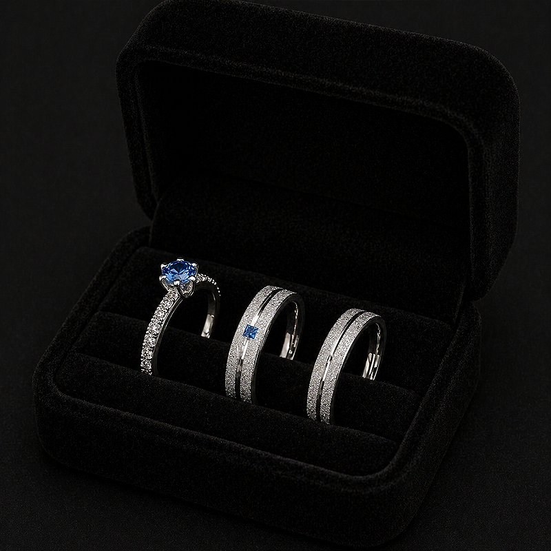Aliança Fosca com pedra azul 4mm com solitário cravejado em Prata 950