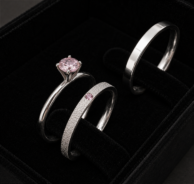 Aliança Fosca/lisa Rosa 2mm com solitário em Prata 950