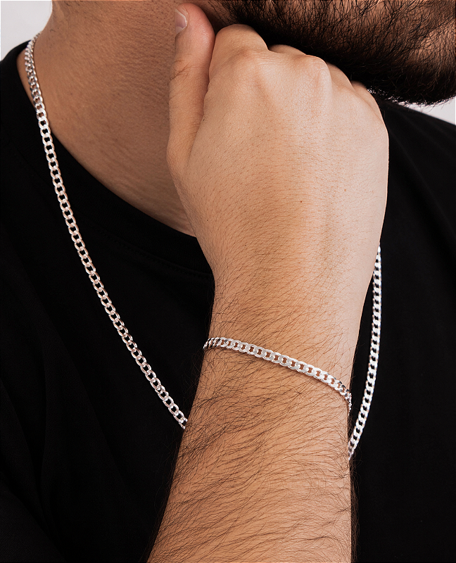 CONJUNTO CORRENTE E PULSEIRA 4MM ELOS GRUMET ESCAMA DE PEIXE EM PRATA 925