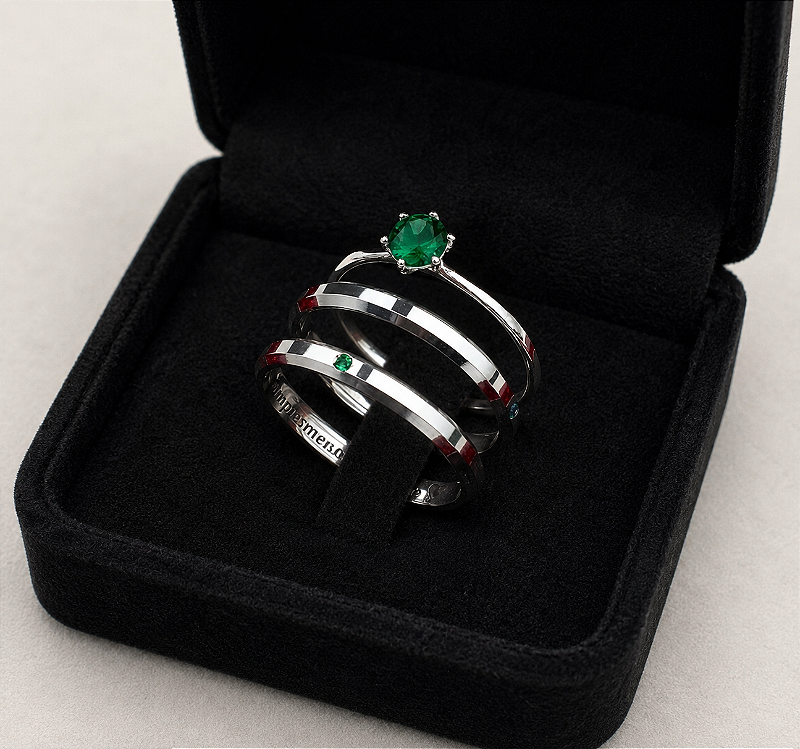 Aliança Evan Verde 3mm com solitário em Prata 950