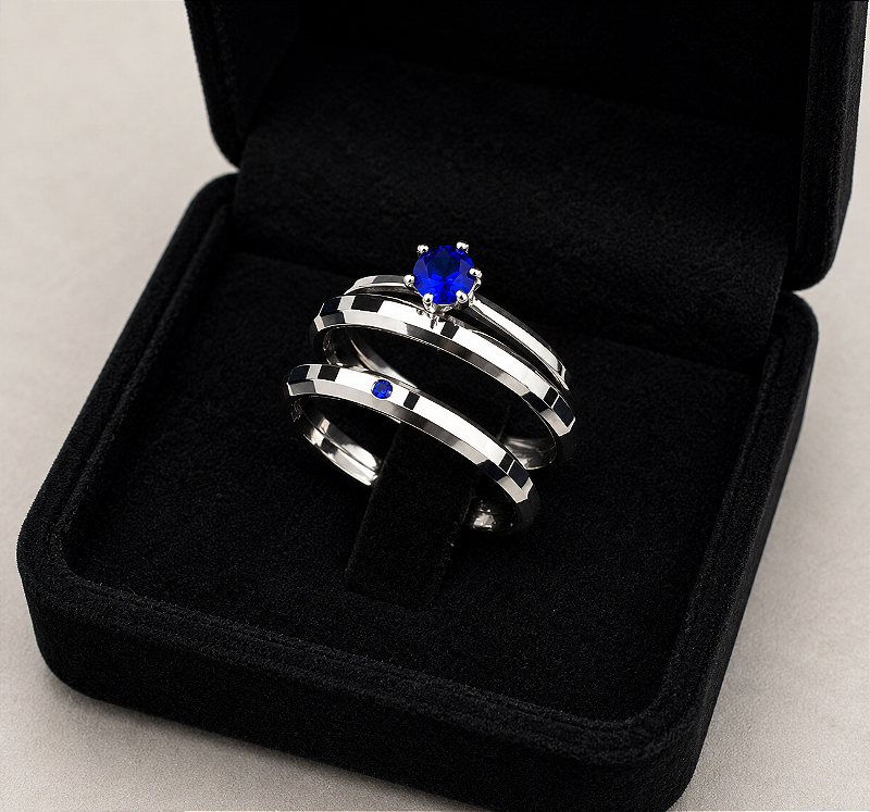 Aliança Evan Azul Escuro 3mm com solitário em Prata 950