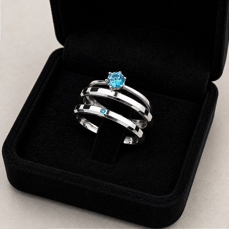 Aliança Evan Azul Claro 3mm com solitário em Prata 950
