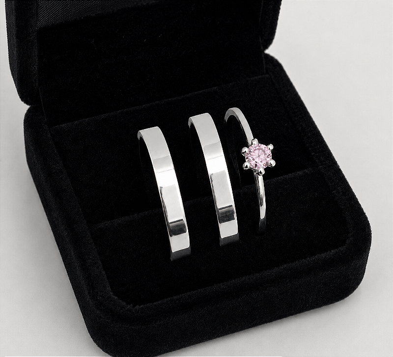 Aliança Nosso destino Rosa Claro 3mm Com Anel Solitário em Prata 950