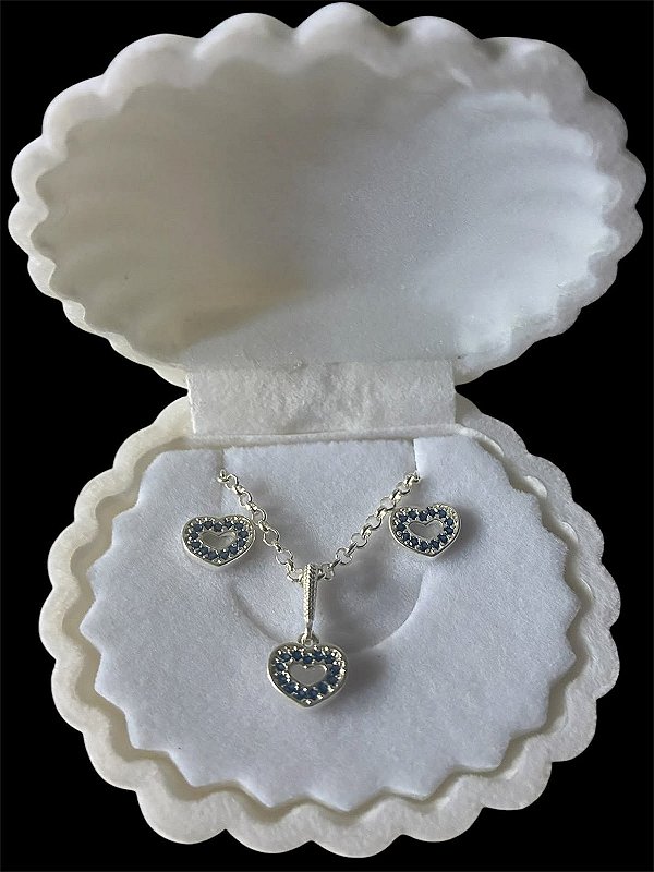 KIT CONJUNTO COLAR E BRINCOS EM PRATA 925 + CAIXINHA CONCHA DE VELUDO