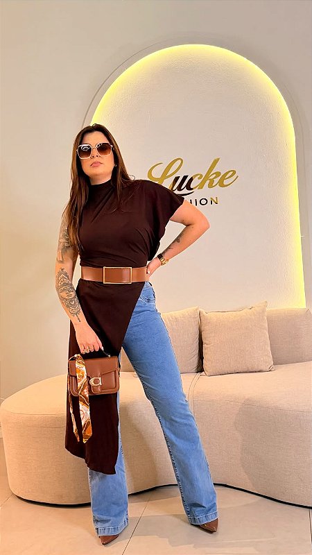 BLUSA TUNICA ASSIMETRICA MARROM