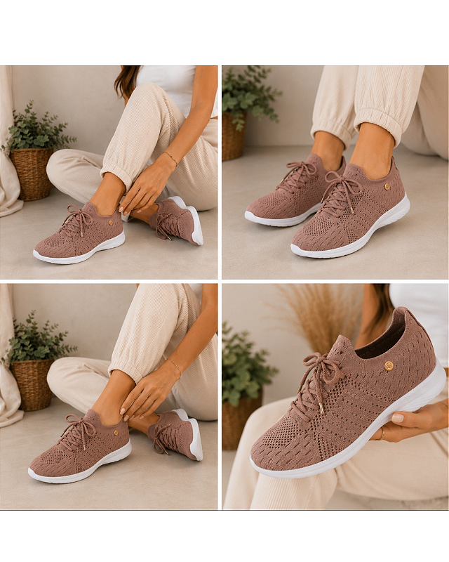 Tênis Feminino Casual em Malha Nude Rose,