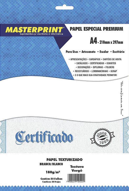 Papel Texturizado Vergê - Masterprint - Branco - 180g - A4