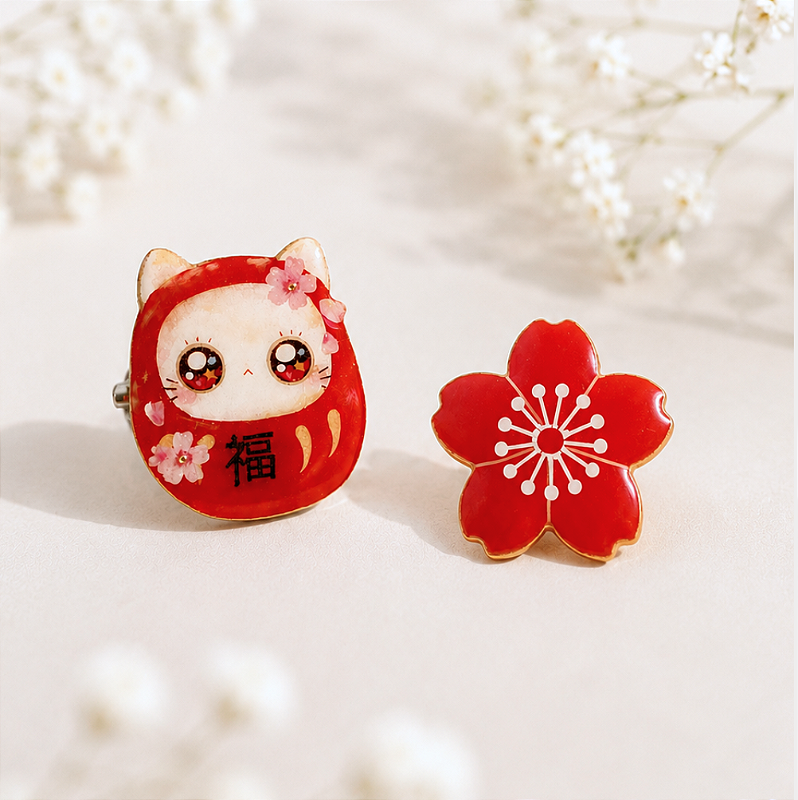 Broches Artesanais Daruma & Sakura Omamori Charms Símbolos Japoneses