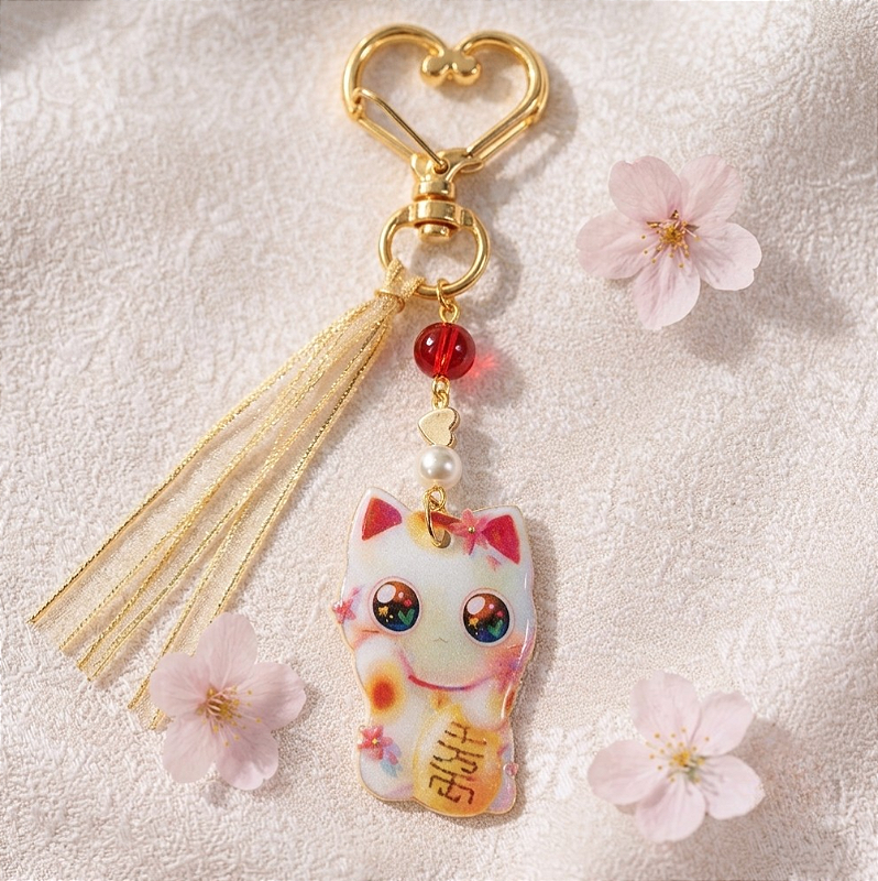 Chaveiro Artesanal Manekineko Omamori Charms Gato da Sorte