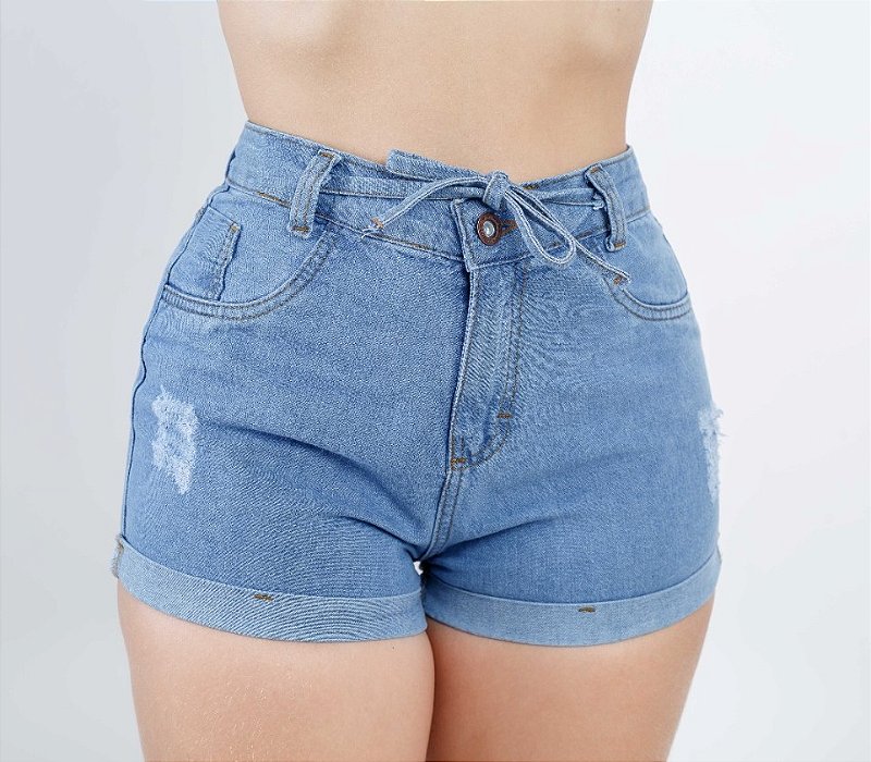 Shorts Jeans Claro Feminino Com Amarração Carmemlis - Cia Bebê