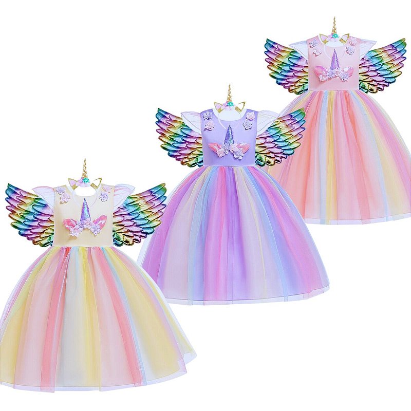 Vestido Infantil Unicórnio Fantasia Com Asas e Tiara Cia Bebê