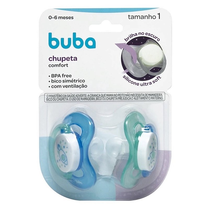 Kit 2 Chupetas Foguete Azul Brilha no Escuro Tam 1 Buba - Cia Bebê