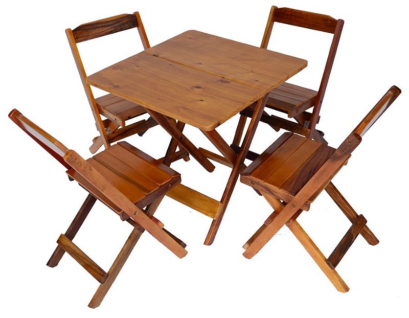Conjunto 4 Cadeiras e 1 Mesa Dobrável de Madeira 60 x 60 - Com Pintura Mel  - Rustico Shop