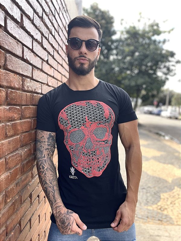 Camiseta Longline Masculina Preta Caveira e Cobra Pedraria - Imperium Store