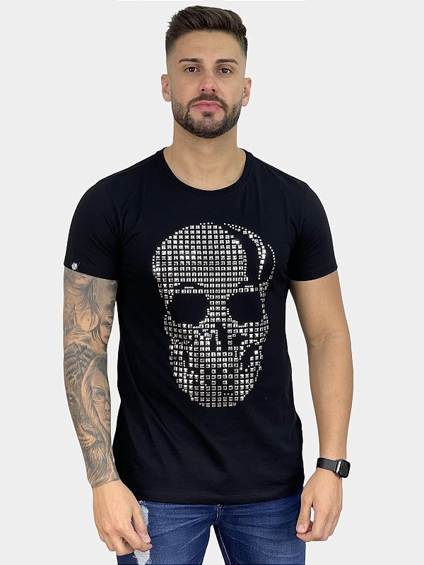 Camiseta Longline Masculina Preta Caveira e Cobra Pedraria - Imperium Store