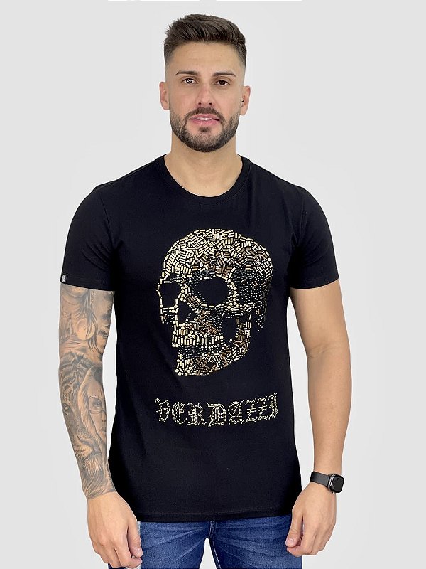 Camiseta Longline Preta Caveira Granulada Dourada - John Verdazzi