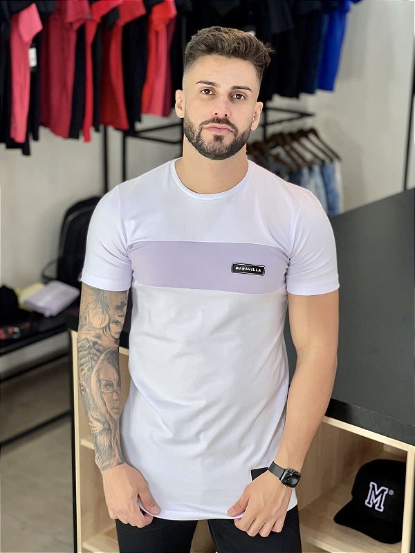 Camiseta Longline Branca Recorte Lilás - Maravilla - Imperium Store | Loja  de roupas multimarcas masculina