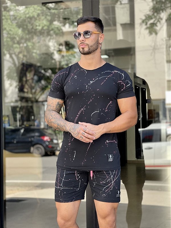 Conjunto Camiseta Longline Elastano Preta com Bermuda Preta