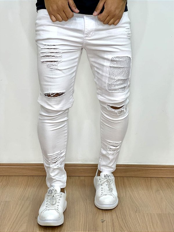 Calça Sarja Masculina Super Skinny Branca Destroyed Forro Com Pedraria* -  Imperium Store | Loja de roupas multimarcas masculina