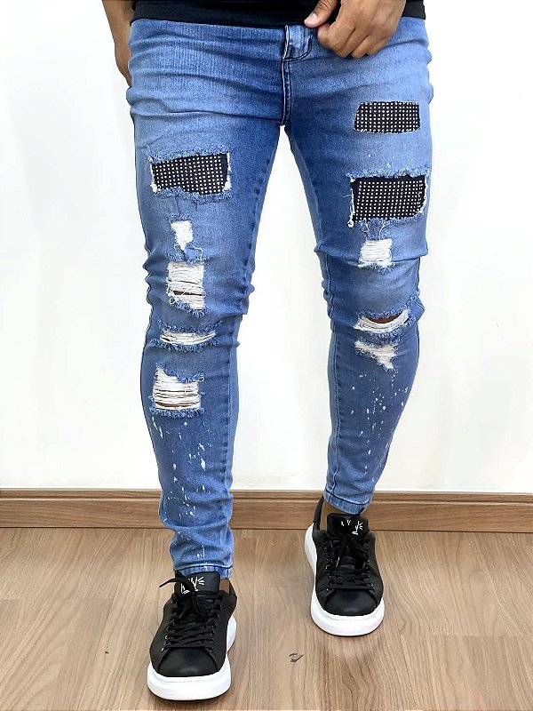 Calça Jeans Masculina Super Skinny Escura Destroyed Com Pedraria